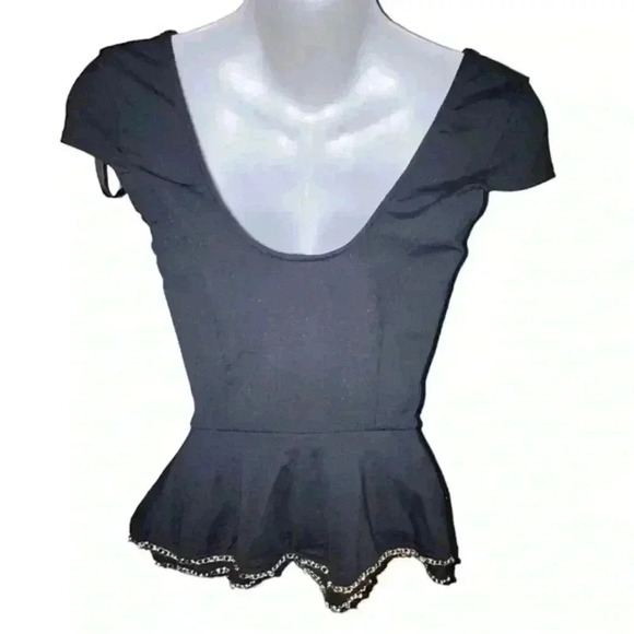 Bebe Black‎ Ruffle Top with Gold Chain Trim, Size small - Picture 3 of 3